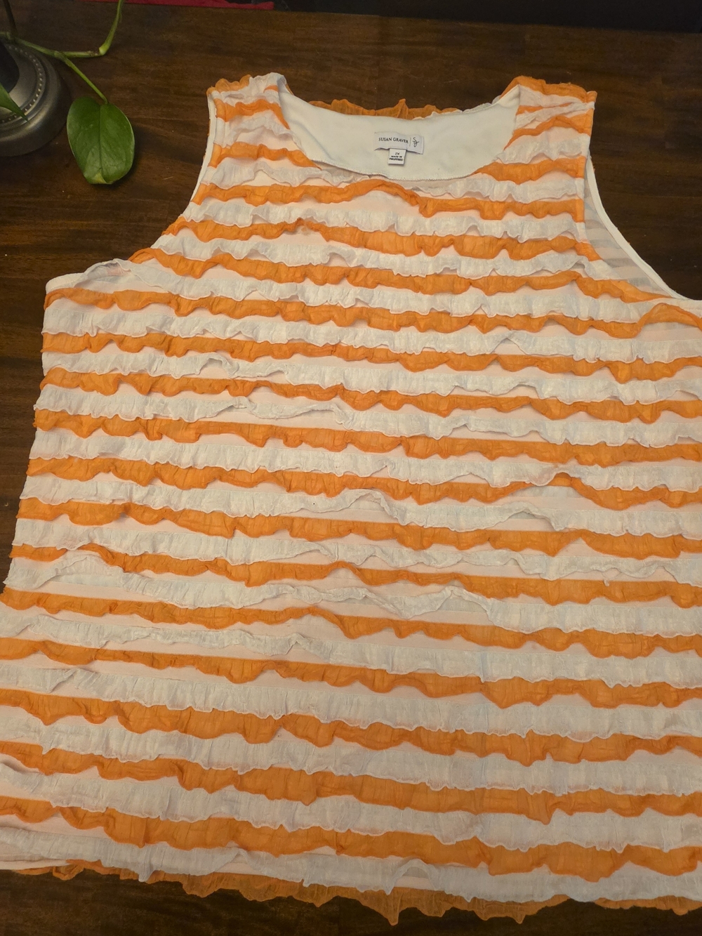 Susan Graver Plus Size 2X Orange Stripe Sleeveless Ruffle Summer Top